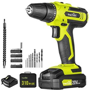 SnapFresh Cordless Drill - 20V Cordless Drill with Battery and Charger, Power Drill Set with 2 Variable Speed, 21+1 Torque Setting, Lightweight, LED, 43pcs Drill Bits, Impact Drill Set for Home, DIY