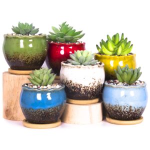 artketty succulent pots - 4 inch ceramic succulent planters with drainage tray set of 6, small cactus pots for indoor plants colorful flower plant pots for desk windowsill