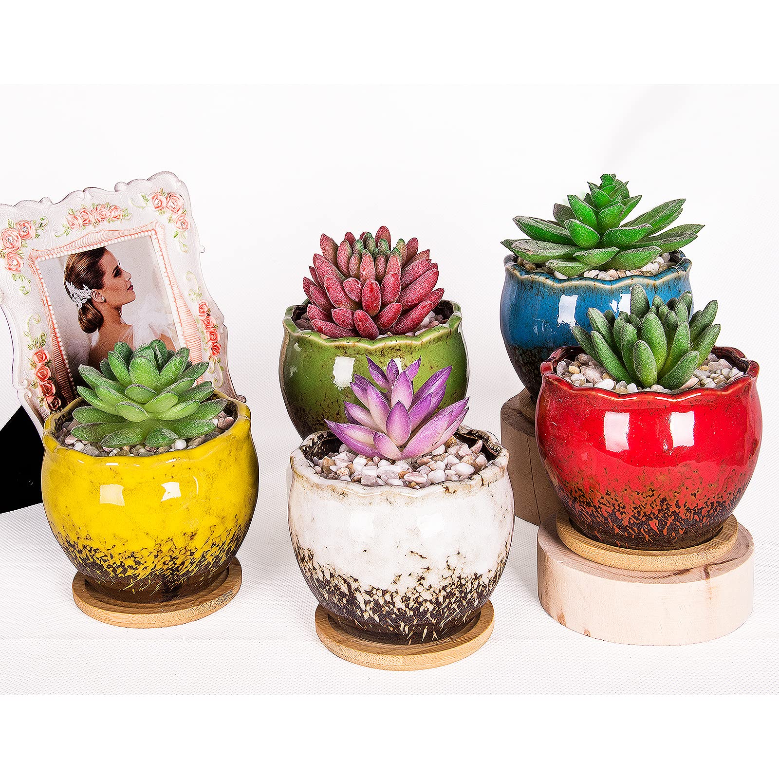 ARTKETTY Succulent Pots - 4 Inch Ceramic Succulent Planters with Drainage Tray Set of 6, Small Cactus Pots for Indoor Plants Colorful Flower Plant Pots for Desk Windowsill