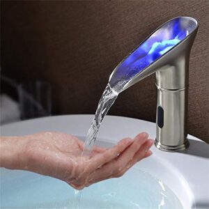 JinYuZe LED Touchless Bathroom Sink Faucet Automatic Electronic Sensor Waterfall Lavatory Faucet, Single Hole Brushed Nickel