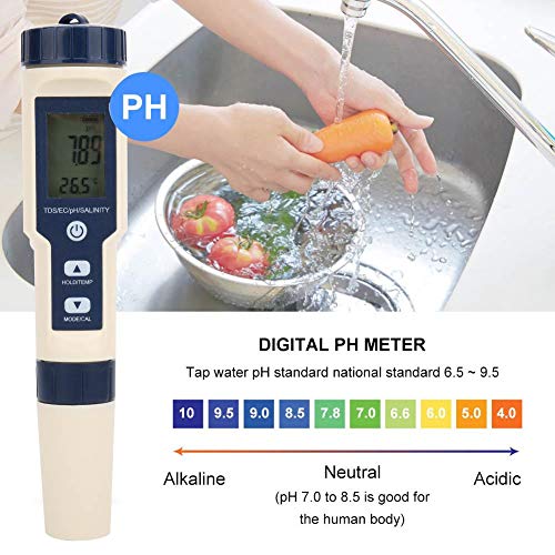 Pusokei Water Quality Digital Tester, 5 in 1 PH/Salinity/Temp/TDS/EC Testing Meter, Ideal Multifunctional Tester Detector for Drinking Water, Aquaculture,Aquarium