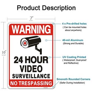 2 Pack No Trespassing Sign, 24 Hour Video Surveillance Signs, Rust-free Aluminum Metal Reflective Sign, Fake Security Camera Sign, Indoor Or Outdoor Use for Home Yard Business CCTV (10 x 7 Inches)