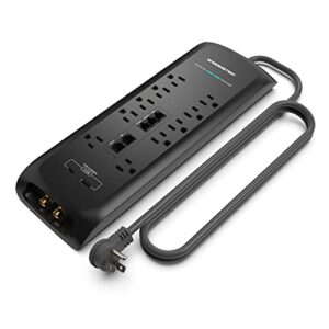 monster black heavy duty surge protector power strip 6 ft cord with 10 120v-outlet extension, 2 ethernet switch ports, 4050j rating, 1 usb-a, and 1 usb-c charging ports – ideal for computers & offices