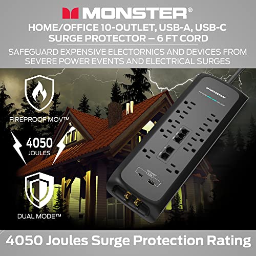 Monster Black Heavy Duty Surge Protector Power Strip 6 ft Cord with 10 120V-Outlet Extension, 2 Ethernet Switch Ports, 4050J Rating, 1 USB-A, and 1 USB-C Charging Ports – Ideal for Computers & Offices