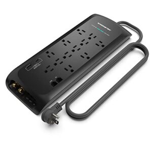 monster black heavy duty surge protector power strip 6 ft cord with 12 120v-outlet extension, 2 ethernet switch ports, 4050j rating, 1 usb-a, and 1 usb-c charging ports – ideal for computers & offices
