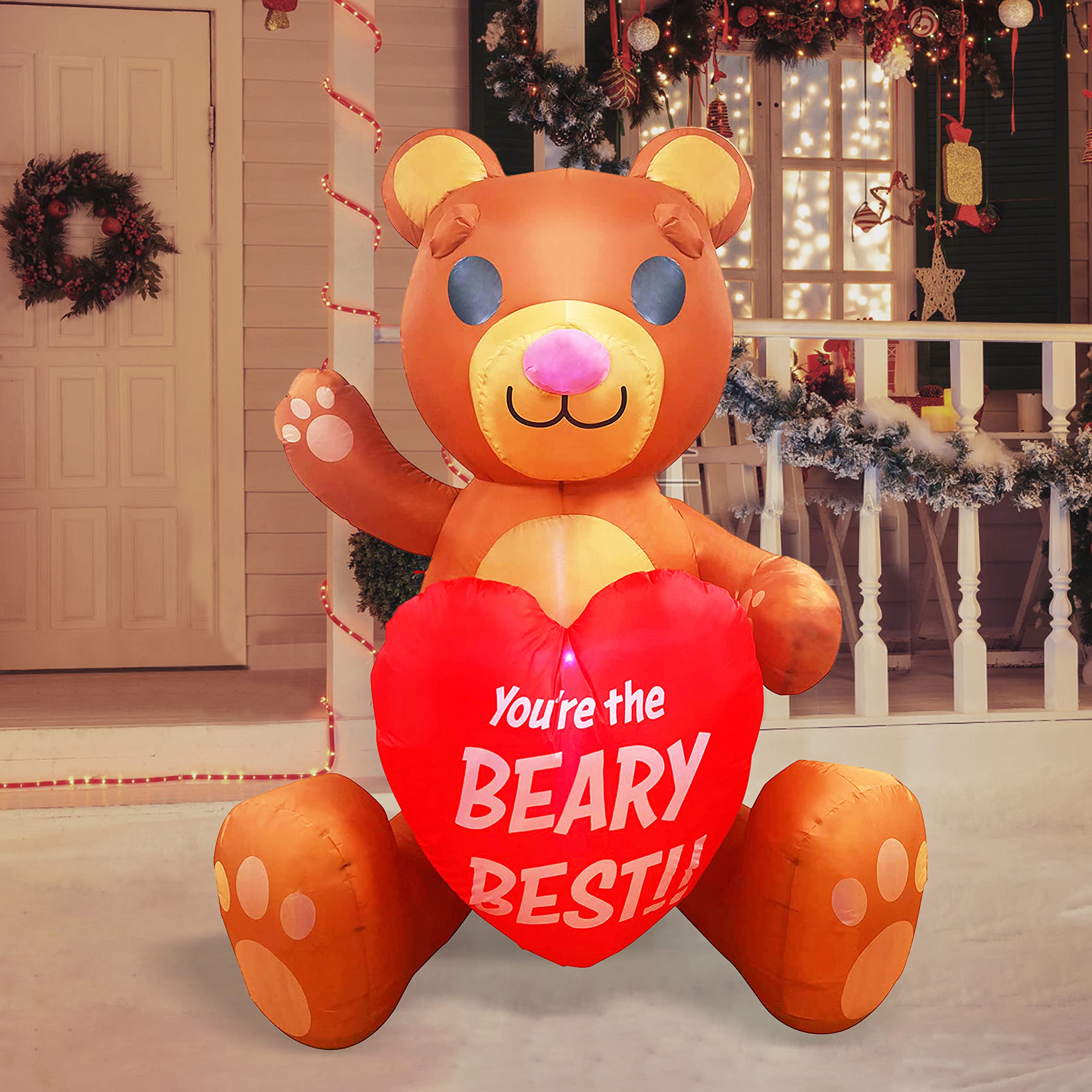 Joiedomi 6 FT Valentines Day Inflatable Brown Bear Holding Heart, Lighted LED Blow Up Decoration Valentines Gift for Couples Wedding Propose Holiday Indoor Yard Party Supplies Décor