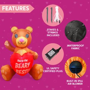 Joiedomi 6 FT Valentines Day Inflatable Brown Bear Holding Heart, Lighted LED Blow Up Decoration Valentines Gift for Couples Wedding Propose Holiday Indoor Yard Party Supplies Décor