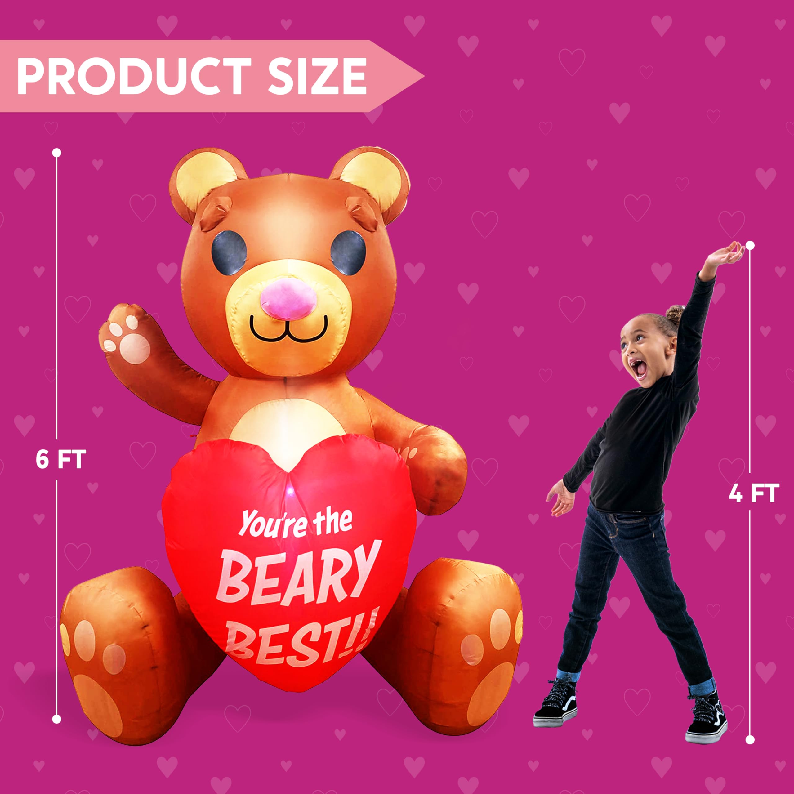 Joiedomi 6 FT Valentines Day Inflatable Brown Bear Holding Heart, Lighted LED Blow Up Decoration Valentines Gift for Couples Wedding Propose Holiday Indoor Yard Party Supplies Décor