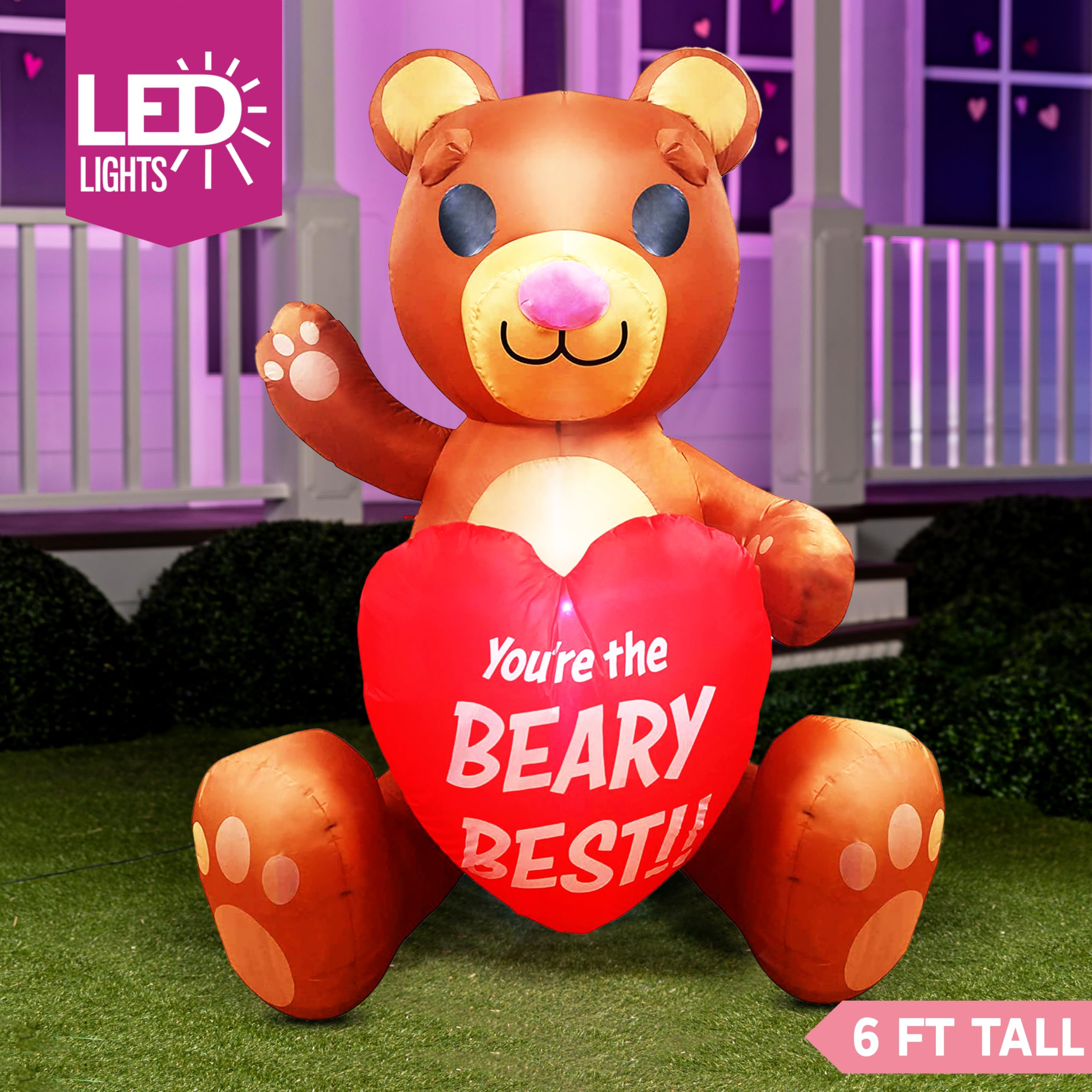 Joiedomi 6 FT Valentines Day Inflatable Brown Bear Holding Heart, Lighted LED Blow Up Decoration Valentines Gift for Couples Wedding Propose Holiday Indoor Yard Party Supplies Décor