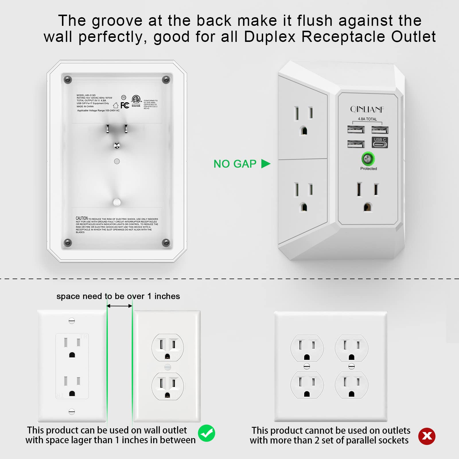 Wall Charger, Surge Protector, QINLIANF 5 Outlet Extender with 4 USB Charging Ports (4.8A Total) 3-Sided 1680J Power Strip Multi Plug Adapter Spaced for Home Travel Office (3U1C)