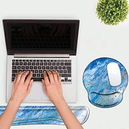 Wrist Rest for Computer Keyboard and Mouse Pad with Wrist Support Gel, Blue Ocean Ergonomic Mousepad Comfortable Keyboard Pad Set Non-Slip Base Come with A Cute Coaster