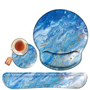 wrist rest for computer keyboard and mouse pad with wrist support gel, blue ocean ergonomic mousepad comfortable keyboard pad set non-slip base come with a cute coaster