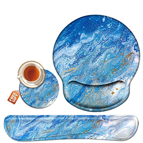 Wrist Rest for Computer Keyboard and Mouse Pad with Wrist Support Gel, Blue Ocean Ergonomic Mousepad Comfortable Keyboard Pad Set Non-Slip Base Come with A Cute Coaster