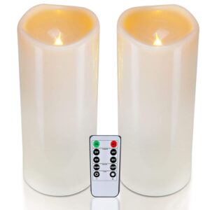 homemory 4" x 10" large waterproof outdoor flameless candles, battery operated led pillar candles with remote and timers for indoor outdoor lanterns, long lasting, dark ivory, set of 2
