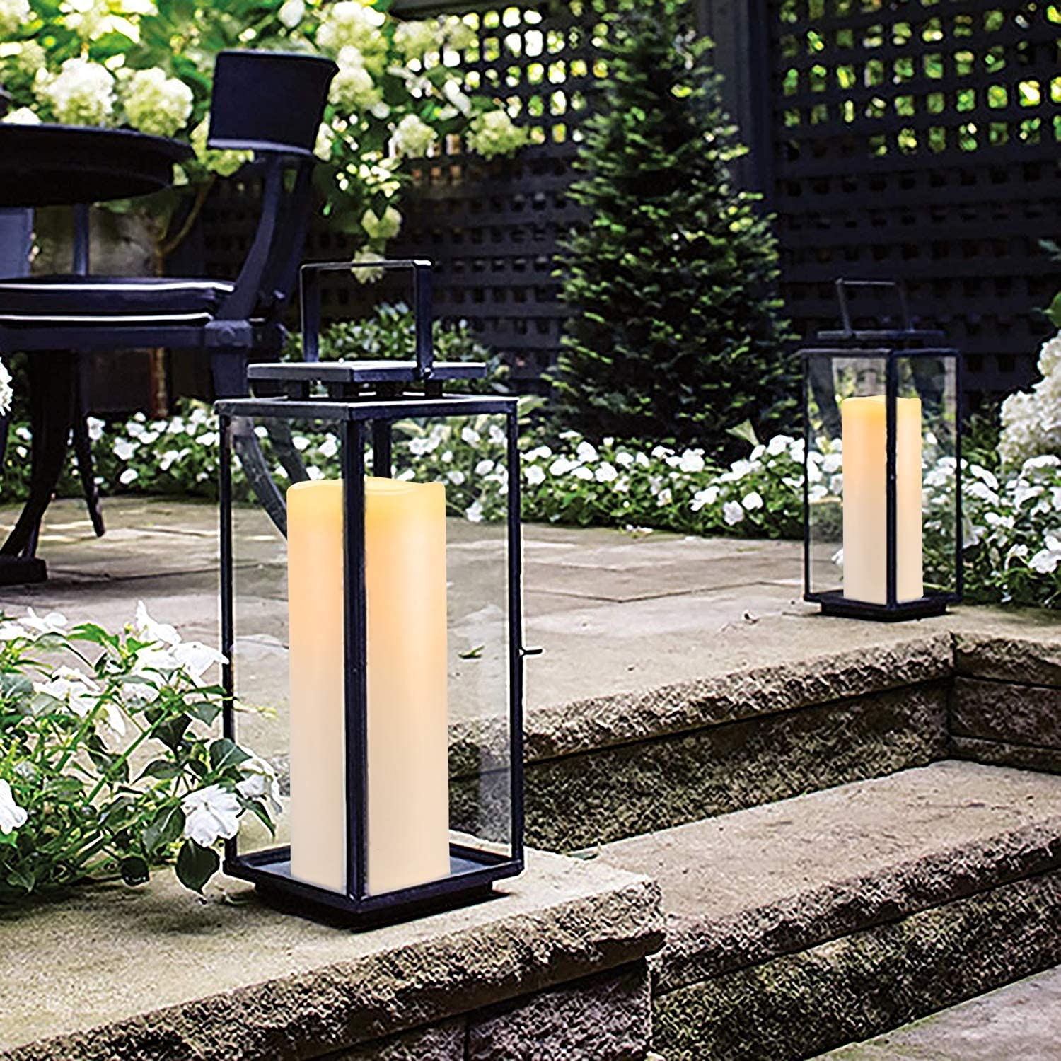 Homemory 4" x 10" Large Waterproof Outdoor Flameless Candles, Battery Operated LED Pillar Candles with Remote and Timers for Indoor Outdoor Lanterns, Long Lasting, Dark Ivory, Set of 2