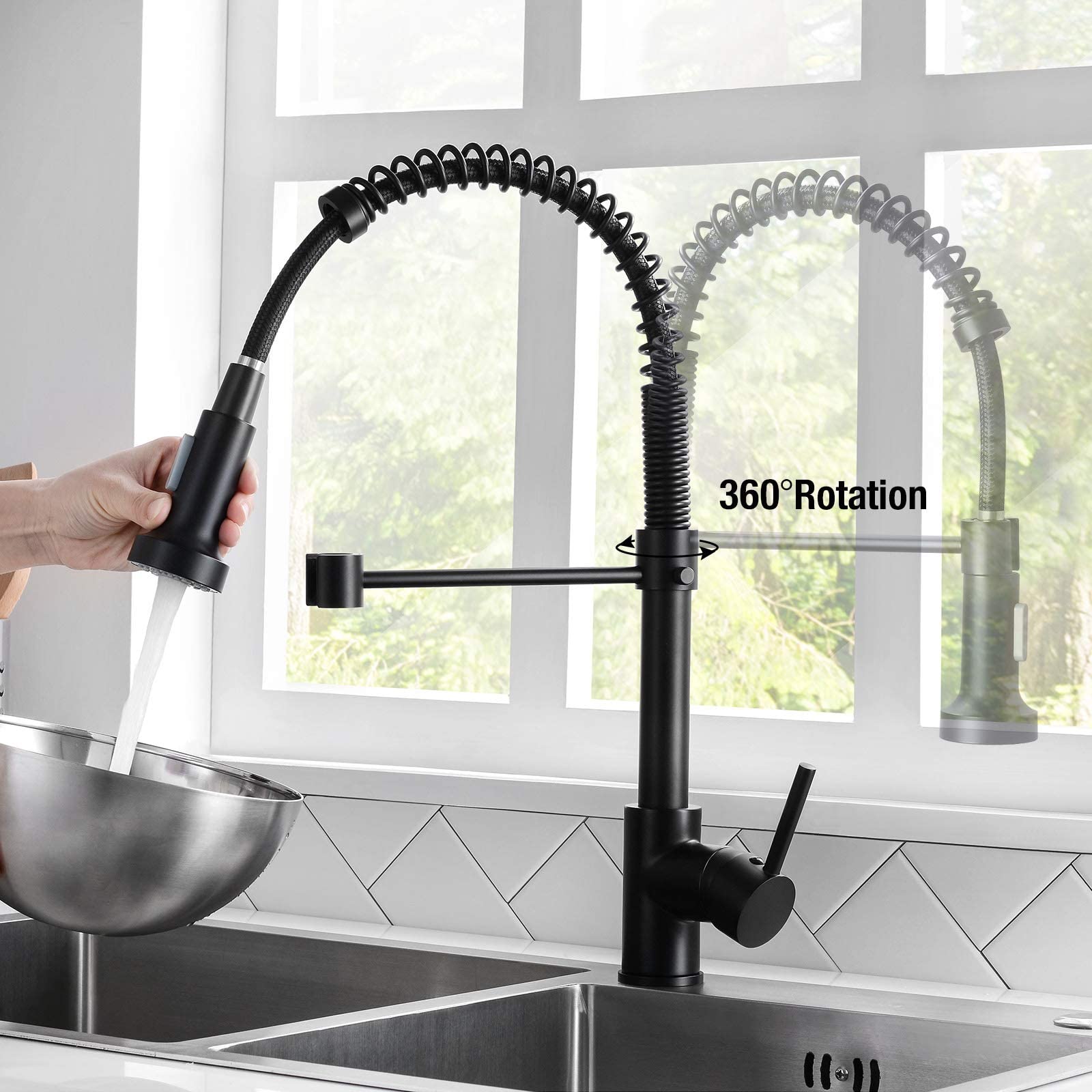 DJS Kitchen Faucets with Pull Down Sprayer Matte Black -【Dual Mode Setting】Single Handle 1 or 3 Holes Commercial Spring Kitchen Sink Faucet with Deck Plate for Farmhouse RV Vessel Basin