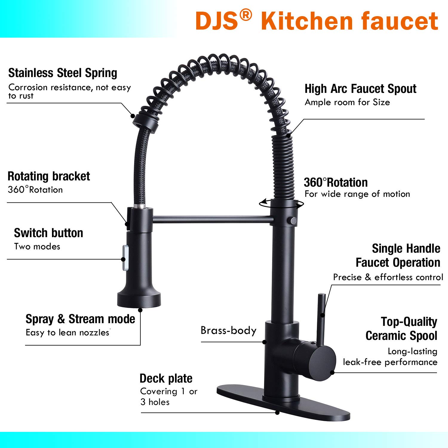 DJS Kitchen Faucets with Pull Down Sprayer Matte Black -【Dual Mode Setting】Single Handle 1 or 3 Holes Commercial Spring Kitchen Sink Faucet with Deck Plate for Farmhouse RV Vessel Basin