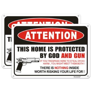 showbellia 2 pack gun signs this home is protected by god and gun rust free aluminum, weather/fade resistant, easy mounting, indoor/outdoor use metal gun sign (10"x 7") inches