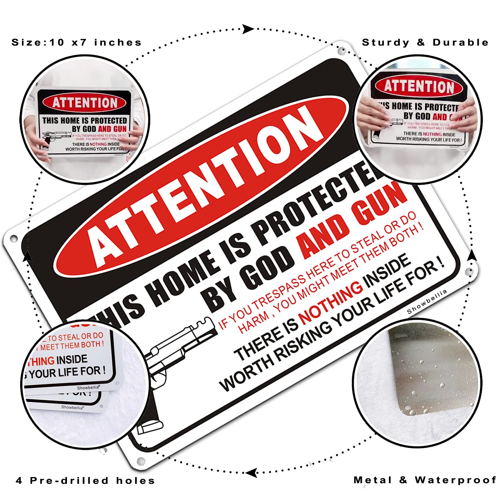 Showbellia 2 Pack Gun Signs This Home is Protected By GOD and Gun Rust Free Aluminum, Weather/Fade Resistant, Easy Mounting, Indoor/Outdoor Use Metal Gun Sign (10"x 7") inches