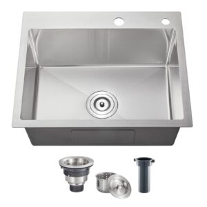 popfly 20×16 inch drop in kitchen sink, 304 stainless steel overmount single bowl small prep bar sink, 18 gauge top mount handmade deep kitchen sinks with 2 holes, brushed