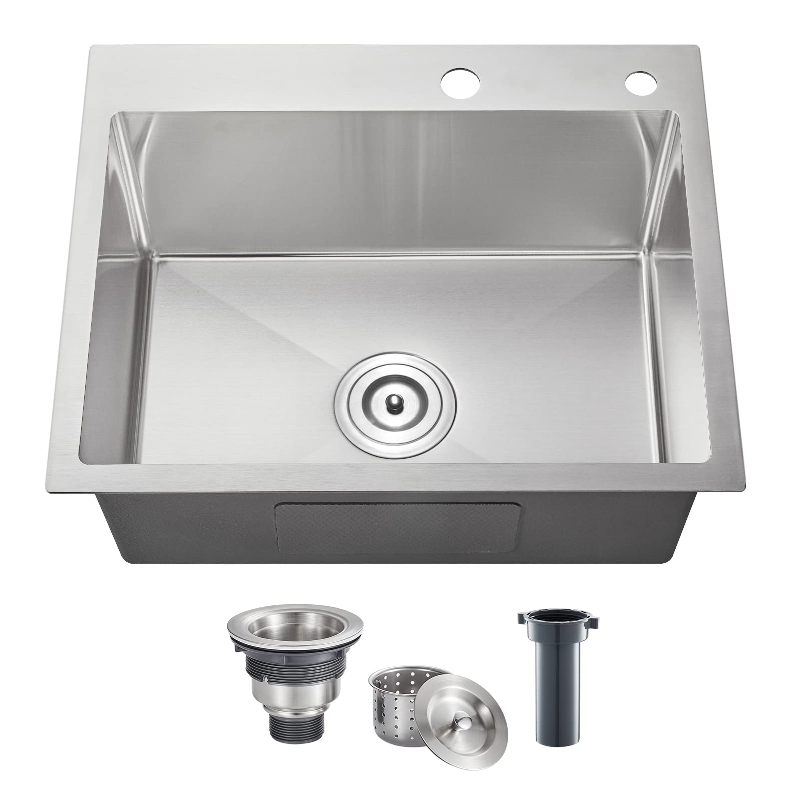 POPFLY 20×16 inch Drop In Kitchen Sink, 304 Stainless Steel Overmount Single Bowl Small Prep Bar Sink, 18 Gauge Top mount Handmade Deep Kitchen Sinks with 2 Holes, Brushed