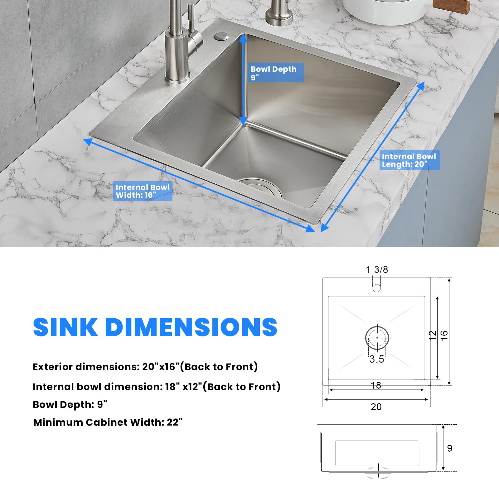 POPFLY 20×16 inch Drop In Kitchen Sink, 304 Stainless Steel Overmount Single Bowl Small Prep Bar Sink, 18 Gauge Top mount Handmade Deep Kitchen Sinks with 2 Holes, Brushed