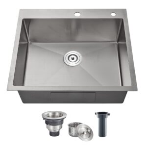 popfly 25×22 inch drop in single bowl kitchen sink, overmount 304 stainless steel sink,18 gauge handmade outdoor topmount sink, brushed