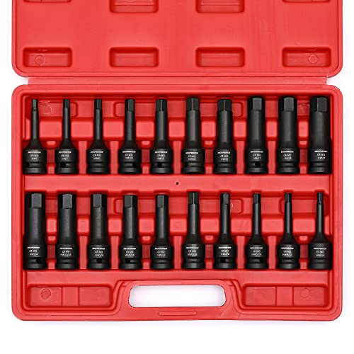 MIXPOWER 1/2" Drive Master Impact Hex Bit Set, Hex Driver, 20-Piece 1/2" Drive Allen Bit Socket Set, SAE/Metric, 1/4" - 3/4", 6-19mm, Cr-Mo Steel, Impact Grade