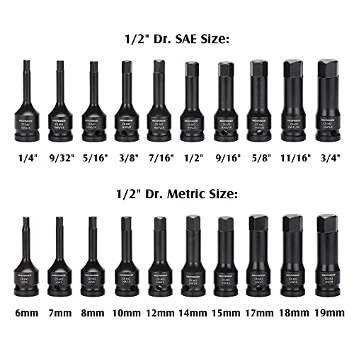 MIXPOWER 1/2" Drive Master Impact Hex Bit Set, Hex Driver, 20-Piece 1/2" Drive Allen Bit Socket Set, SAE/Metric, 1/4" - 3/4", 6-19mm, Cr-Mo Steel, Impact Grade