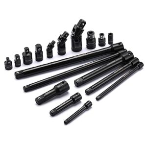 mixpower 18 pieces drive tool accessory set, cr-v steel with black phosphate finish, includes socket adapters, extensions and universal joints and impact coupler, professional socket accessories