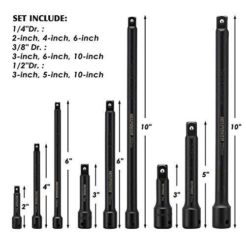 MIXPOWER 9-Piece Extension Bar Set, 1/4", 3/8" and 1/2" Drive Socket Extension, Premium Chrome Vanadium Steel with Black Phosphate Finish, Engineered for Impact Drivers