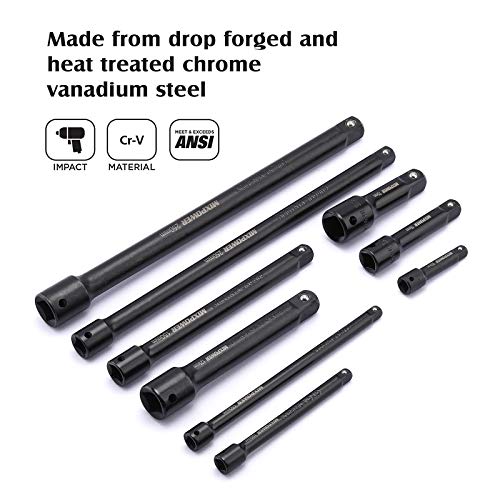 MIXPOWER 9-Piece Extension Bar Set, 1/4", 3/8" and 1/2" Drive Socket Extension, Premium Chrome Vanadium Steel with Black Phosphate Finish, Engineered for Impact Drivers