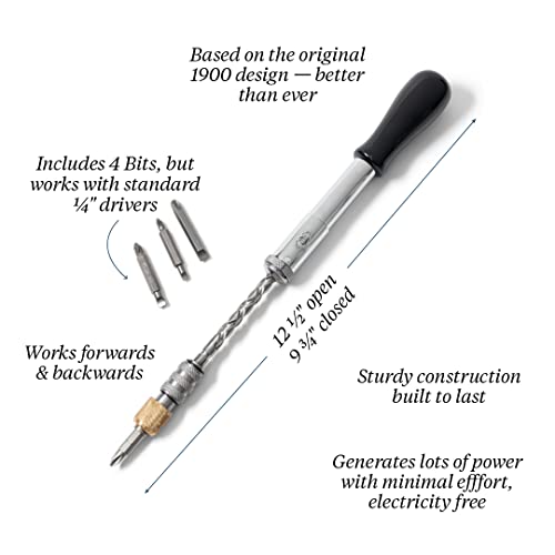 Kings County Tools Yankee Style Screwdriver | 7 Double-Sided Bits Included | Rotating Barrel with Hex Chuck | 3-Position Selector - Locked, Spiral-In and Spiral-Out | Easy on Hands