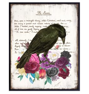 the raven edgar allan poe decor - gift for medieval, gothic, wicca, wiccan, witchcraft, occult fan, women - goth wall art - creepy poster for bedroom, living room - crow, roses, flowers picture