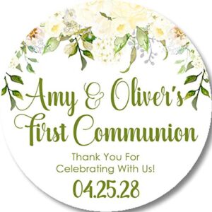gender neutral green and white floral first holy communion sticker labels or favor tags, green baptism favor tags, christening supplies, baby dedication decor, green and white floral baptism favors