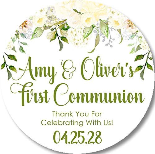 Gender Neutral Green And White Floral First Holy Communion Sticker Labels or Favor Tags, Green Baptism Favor Tags, Christening Supplies, Baby Dedication Decor, Green And White Floral Baptism Favors