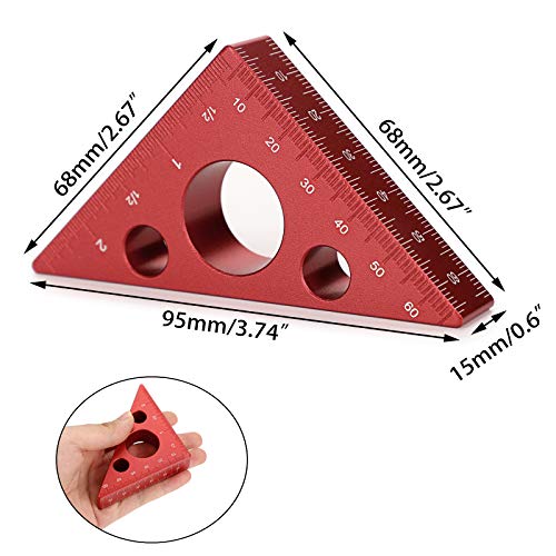 OwnMy 45 Degree Aluminum Alloy Angle Ruler, Inch Imperial Metric Scale Rafter Layout Carpenter Square Triangle Ruler Angle Measurement Tool for Woodworking Workshop Square Measuring Gauging Tool, Red