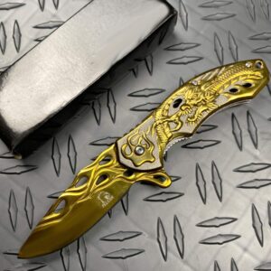 Falcon KS3603 7.75" FOLDING POCKET KNIFE 440 STAINLESS COATED STEEL WITH 3D DRAGON DESIGNED HANDLE AND POCKET CLIP.