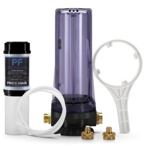 pro+aqua rv water filter and portable water softener regeneration kit - 5 micron filtration, anti-corrosion brass fittings, transparent housing, filters chlorine, bad taste, odors, sediment, bacteria