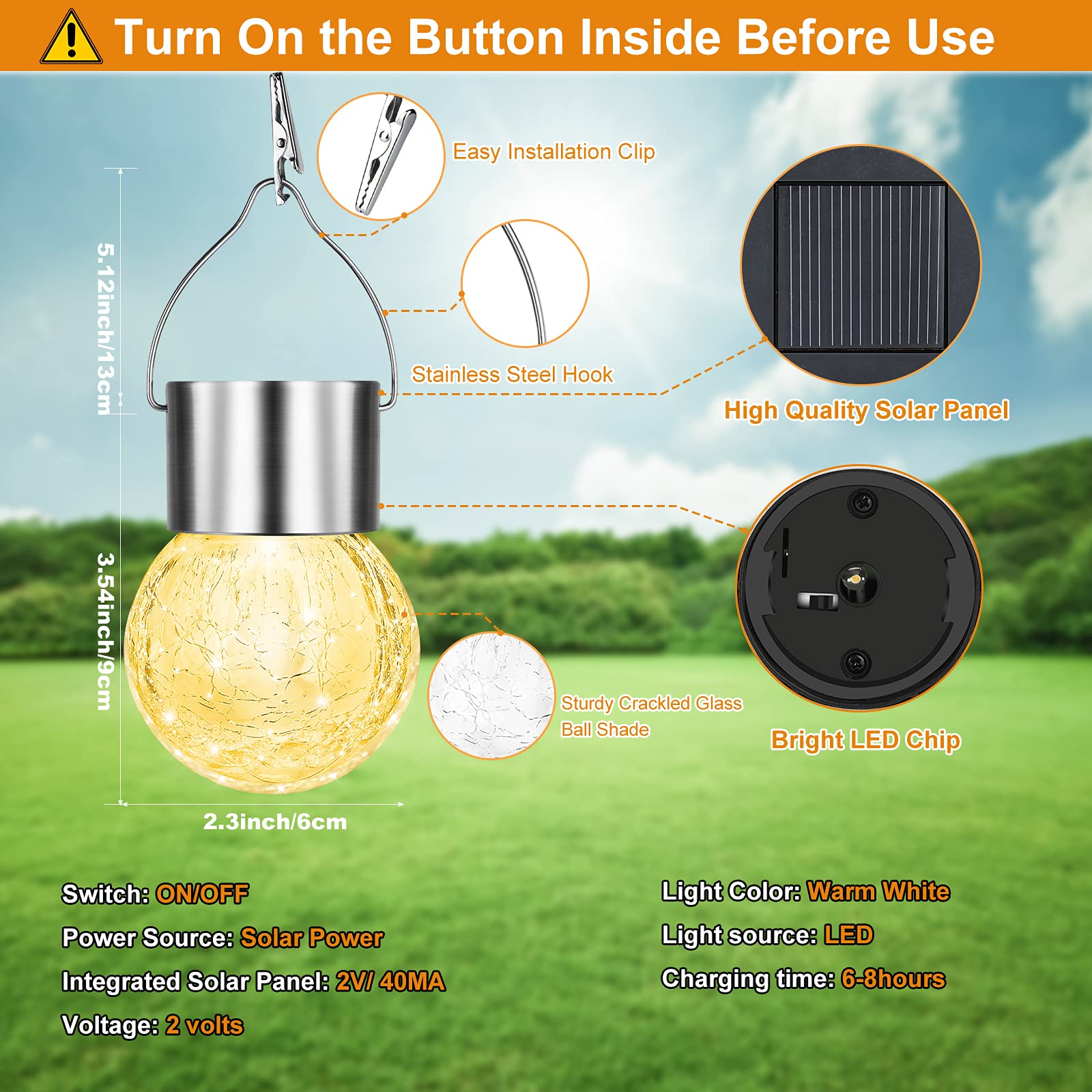 12Pack Hanging Outdoor Solar Lights - Decorative Cracked Glass LED Ball Lights Waterproof Tree Solar Powered Globe Lights with Handle for Garden Yard Patio Fence Christmas Decoration, Warm White