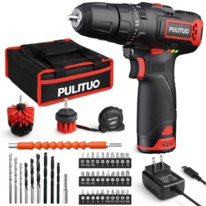 pulituo cordless drill driver set, 12v electric power hand drill torque 310in.lbs with 21+1& impact level setting, 3/8” keyless chuck, 2 variable speed setting, 46 pcs drill bits kit, storage bag