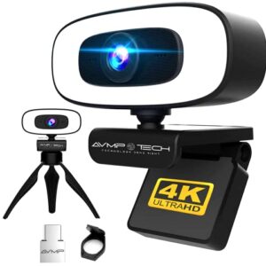 AVMPTECH 4K Webcam with Light & Microphone Autofocus USB Web cam w. Microphone Wide Angle Webcam for Desktop HD Streaming Camera for Computer Webcam Light usbc Privacy Cover & Webcam Tripod Webcam