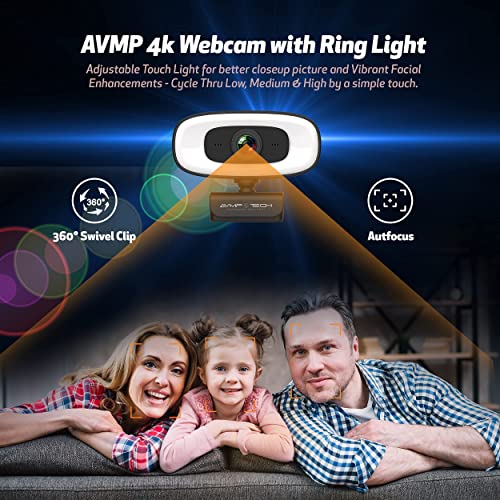 AVMPTECH 4K Webcam with Light & Microphone Autofocus USB Web cam w. Microphone Wide Angle Webcam for Desktop HD Streaming Camera for Computer Webcam Light usbc Privacy Cover & Webcam Tripod Webcam