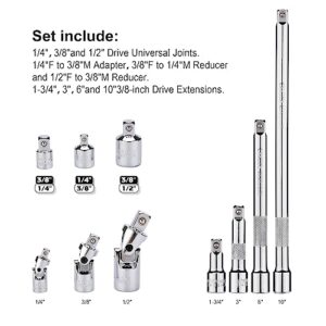 CASOMAN 10-Piece Socket Accessory Set, 1/4-inch, 3/8-inch,1/2-inch Drive, Includes Socket Adapters, Extension Bars and Universal Joints, CR-V, Mirror Finish