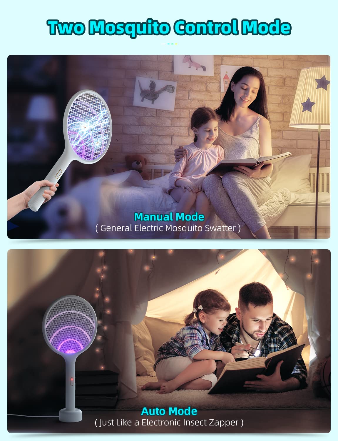 YISSVIC Electric Fly Swatter 4000V Bug Zapper Racket Dual Modes Mosquito Killer with Purple Mosquito Light Rechargeable for Indoor and Outdoor Home Office Backyard Patio Camping (1 Pack)