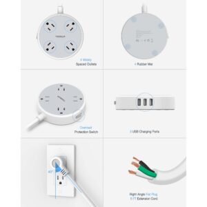 Power Strip with USB, TESSAN Cruise Extension Cord with 4 Wide Spaced Outlets and 3 USB Ports, Small Desk Charging Station Flat Plug 4.5ft Extender for Travel, Cruise Ship Must Have, Dorm Essentials