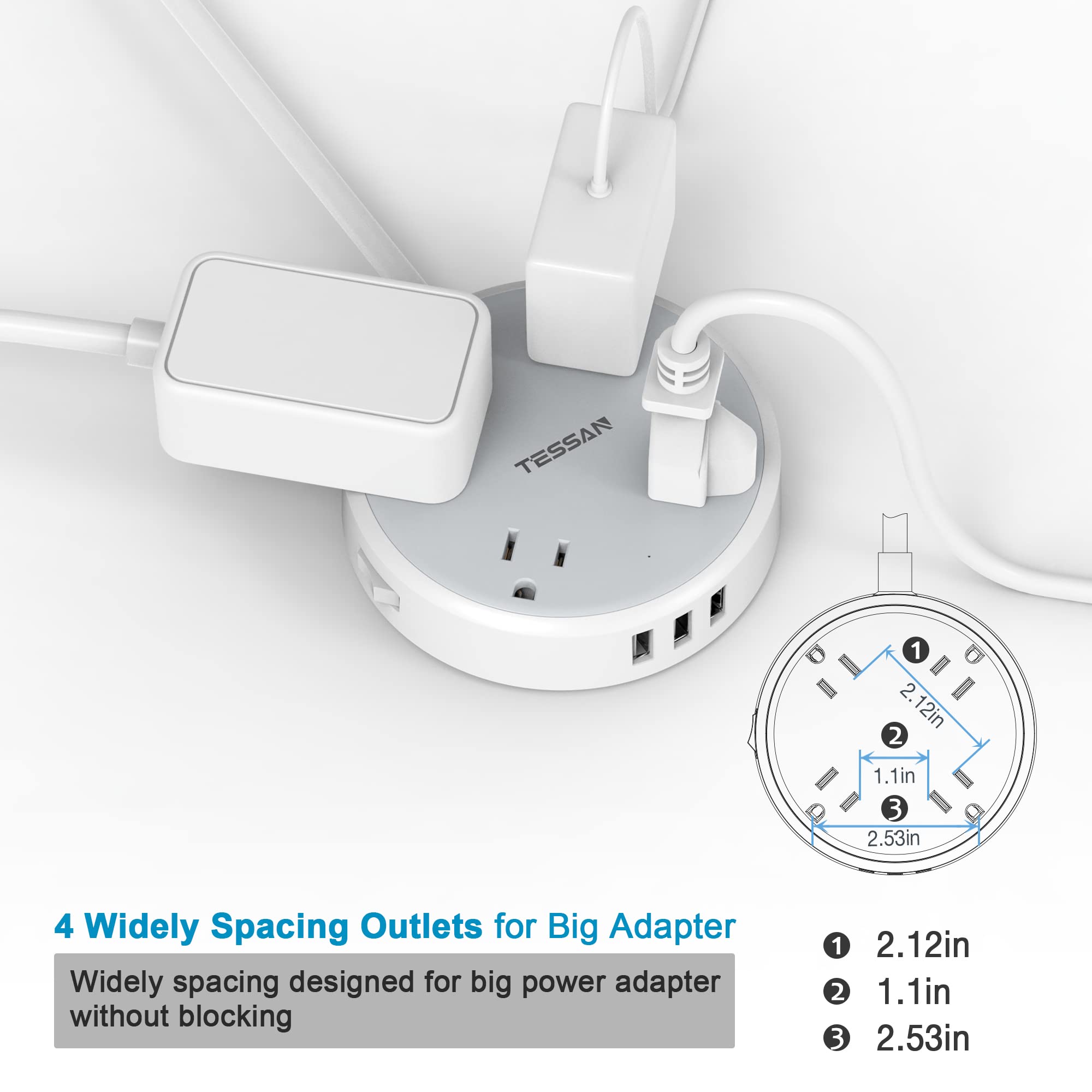 Power Strip with USB, TESSAN Cruise Extension Cord with 4 Wide Spaced Outlets and 3 USB Ports, Small Desk Charging Station Flat Plug 4.5ft Extender for Travel, Cruise Ship Must Have, Dorm Essentials