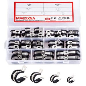 maexxna 60pcs wire clamps assortment kit, stainless steel 304 rubber cushion cable clamps assorted in 7 sizes 1/4'' 5/16'' 3/8'' 1/2'' 5/8'' 3/4'' 1'', pipe clamp set for wiring, lines and hoses