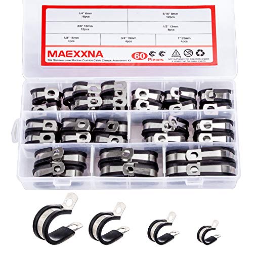 Maexxna 60pcs Wire Clamps Assortment Kit, Stainless Steel 304 Rubber Cushion Cable Clamps Assorted in 7 Sizes 1/4'' 5/16'' 3/8'' 1/2'' 5/8'' 3/4'' 1'', Pipe Clamp Set for wiring, lines and hoses