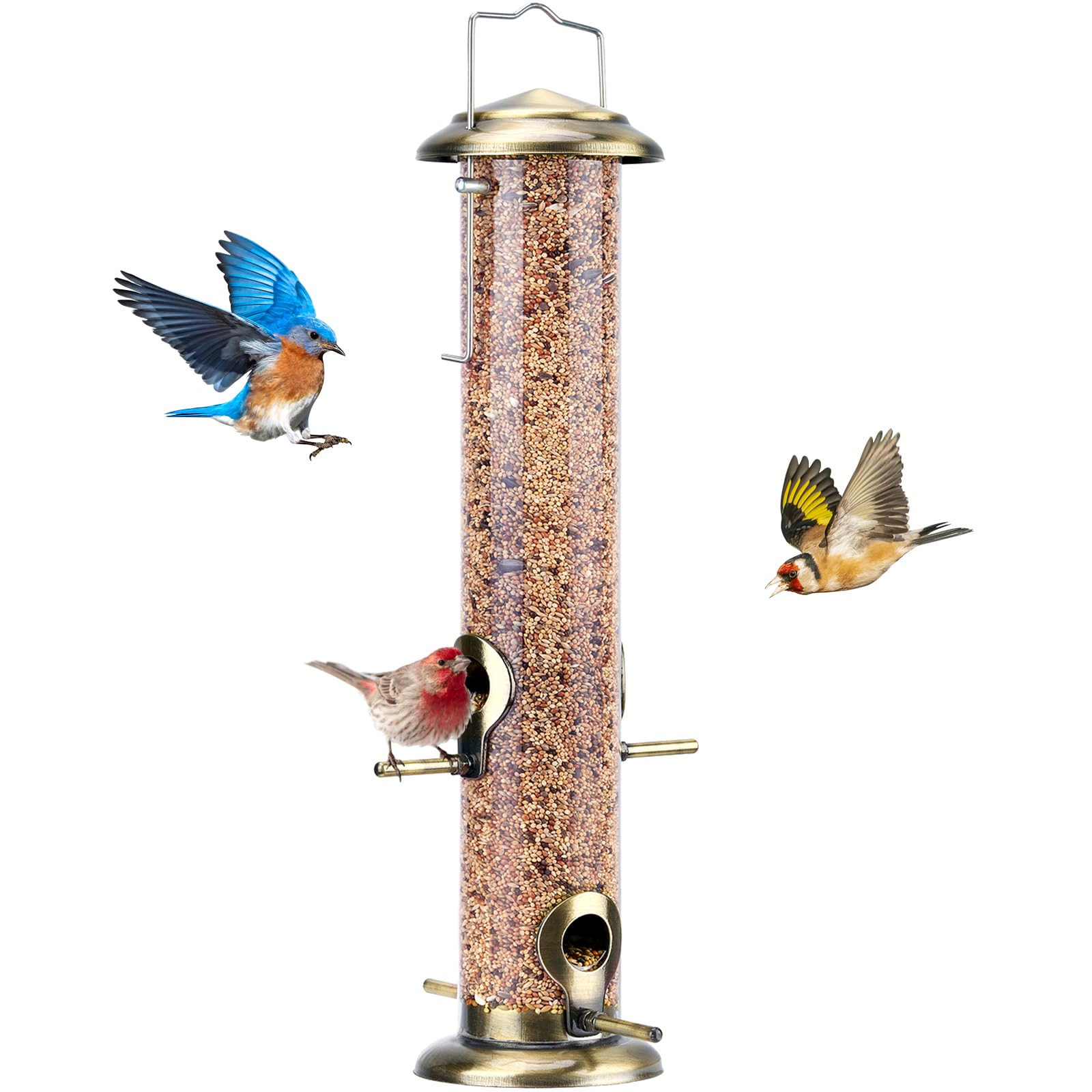 Kingsyard Metal Bird Feeders for Outdoors Hanging, Extra Thick Tube Bird Feeder w/Steel Hanger & 4-Port, 15 inch, Chew-Proof, Weather and Water Resistant, Brushed Bronze